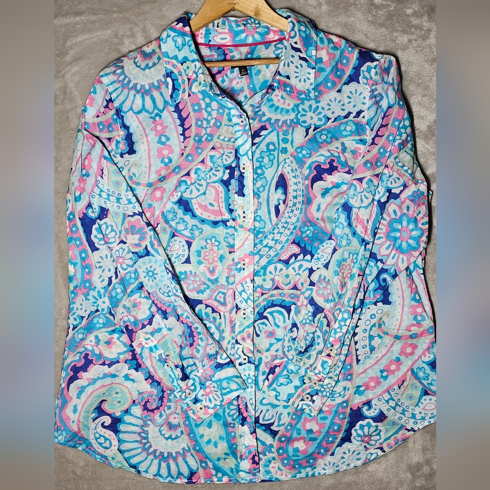 Talbots Lilly Pulitzer Style Long Sleeve Button Up Shirt 1X  Lightweight cotton.